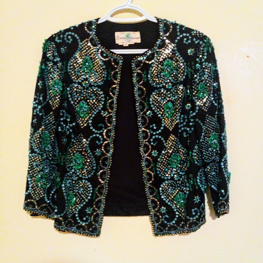 Vintage Gene Shelly Silk Blend Jacket-Small-Hand Beaded-Rhinestone-Lined-1950s